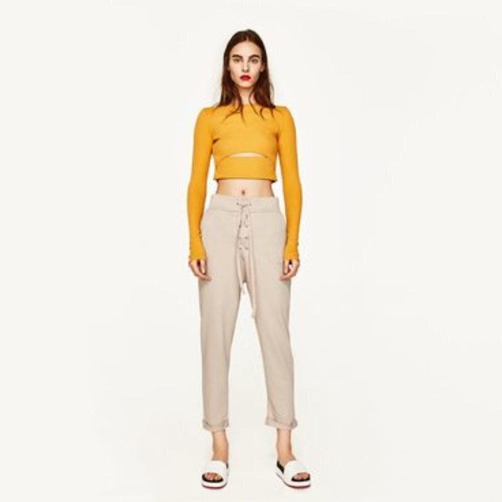 EUC Zara taupe beige self tie jogger track pants, M
